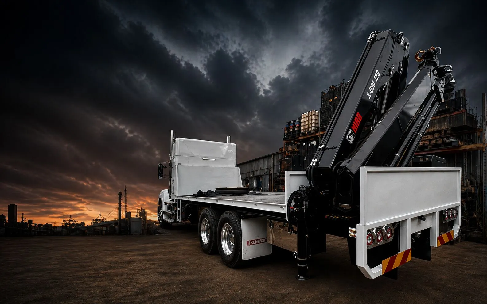 Red truck-mounted hydraulic loader crane fully extended at dusk